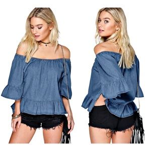 Boohoo Olivia Off The Shoulder Denim Ruffle Top